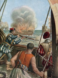 Druhá výprava do Indie (1502-1503) „“ Námořní bitva mezi portugalskou flotilou Vasco de Gama a flotilou Calicut, Portugalci vypálili muslimskou loď Miri nabíjející peleriny vracející se z Mekky, 3. 10. 1502““ (druhá plavba Vasco de Gama (1502-1503) od Tancredi Scarpelli
