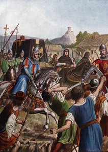 Pohřební průvod císaře Ottona (Othona) III. ze Svaté říše (980-1002) odváží ostatky Itálií směrem k Cáchám bojujícím při průchodu proti vzbouřenému obyvatelstvu (rakev Otty III., císaře Svaté říše římské, procházející davy Itálie od Tancredi Scarpelli