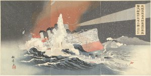 Onze torpedobootjagers Hayatori en Asagiri vernietigen vijandelijke schepen tijdens een sneeuwstorm v Port Arthur. Waga kuchikukan Hayatori asagiri okashite daifusetsu nebo gekichin suru tekikan nebo Ryojun no zu (název na objektu) od Taniguchi Kokyo