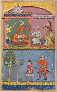 Stránka z Příběhů papouška Tuti-nama: Osmá noc: Služebnice apeluje..., c. 1560. od Tara Chand