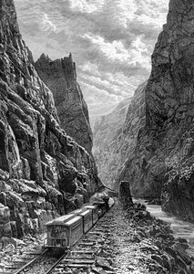 Vlak projíždějící Rocky Mountains, USA, 19. století.