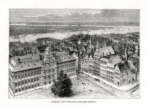 Radnice a řeka Schelde, Antverpy, Belgie, 1879