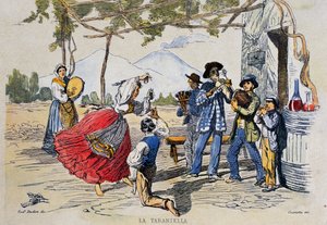 Neapolská tarantella, rytina podle kresby Teodora Duclereho (1814-1869), Itálie