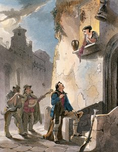 Serenáda, ilustrace z Kostýmů a populárních scén Neapole od Achille Vianelliho, kolem roku 1830 (akvatinta) od Teodoro Guglielmo Witting