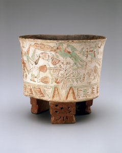 Váza na trojnožce se dvěma dmychadly a ptáky Quetzal v kakaovníku, pozdní Xolalpan, 550-650 (keramika s malovanou štukou) od Teotihuacan Teotihuacan