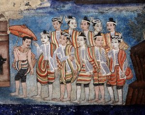 Skupina thajských yai (Shan) mužů, detail nástěnných maleb Viharn laikam zobrazujících příběhy Sang Thong (nástěnná malba) od Thai School