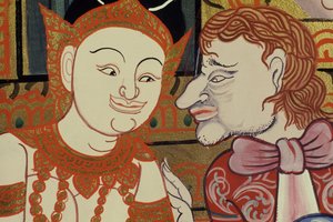 Současná malba v klasickém stylu zobrazující thajské a západní lidi (čb a zlato na papíře) od Thai School