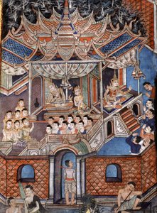 Detail nástěnných maleb Viharn laikam zobrazujících příběhy Sang Thong (nástěnná malba) od Thai School
