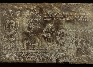 Rytá kamenná deska s vyobrazením příběhu Bhojajania Jataka z Wat Si Chum, Sukhothai, 14.-15. století. od Thai School