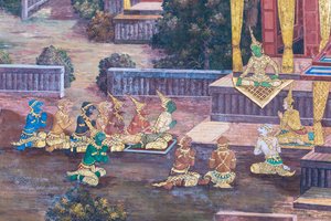 Nástěnná malba zobrazující scény z Rámájany ve Wat Phra Kaeo, královský velký palác, Bangkok, Thajsko od Thai School