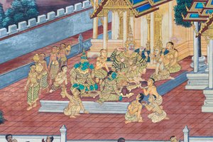 Nástěnná malba zobrazující scény z Rámájany ve Wat Phra Kaeo, královský velký palác, Bangkok, Thajsko od Thai School
