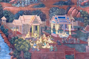 Seinämaalaus, joka kuvaa kohtauksia Ramayanasta Wat Phra Kaeossa, Kuninkaallisesta palatsista, Bangkokista, Thaimaasta od Thai School