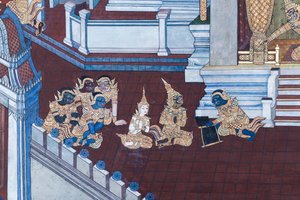Nástěnná malba zobrazující scény z Rámájany ve Wat Phra Kaeo, královský velký palác, Bangkok, Thajsko od Thai School
