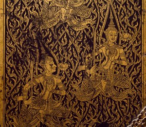 Šatní skříň na sútru, vyřezávané a lakované dřevo, z Bangkoku, Thajsko, Detail, Thajská civilizace, začátek 19. století od Thai School