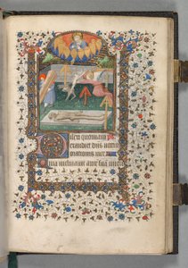 Kniha hodin Použití Paříže: Fol. 118r, Anděl a ďábel bojují o duši, c. 1420.
