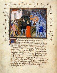 (Celé folio) Král Richard II., vedený zajatcem Henrym Bolingbrokem do Londýna, se vzdává trůnu; zdobený okraj s textem níže.