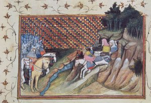 Harl 1319 f.9 MacNamara, irský náčelník se přichází poradit s hrabětem z Gloucesteru z „Histoire du Roy d
