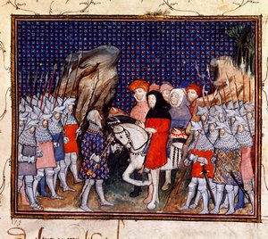 Harley 1319, fol.44, král Richard II se setkává s hrabětem z Northumberlandu v Conway a nabízí rezignaci na korunu