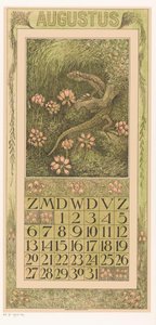 Srpnová stránka kalendáře s ještěrkou a vřesem Kalendář 1911 12 litografií Th. proti. Hoytema (název série) od Theo van Hoytema