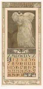 Stránka kalendáře srpna s bílým pávem Kalendář 1910 12 litografií Th. proti. Hoytema (název série) od Theo van Hoytema