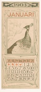 List kalendáře ledna s pávem Kalendář 1903 12 litografií Th. v. Hoytema (název série) od Theo van Hoytema