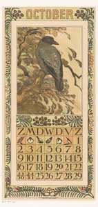 Stránka kalendáře října s barevnou vránou Kalendář 1910 12 litografií Th. proti. Hoytema (název série)