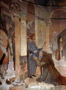 Král Ludvík IX. (Saint Louis) (1214-1270) předává zakládací listinu Sorbonské koleje Robertu de Sorbon (1201-1274), svému zpovědníkovi v roce 1257 Malba Theobalda Chartrana (1849-1907) Paříž, La Sorbonne
