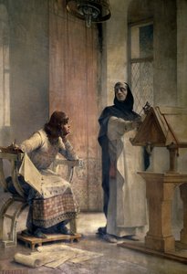 Ludvík IX. (1214-1270), než se stal francouzským králem, studoval matematiku u Vincenta de Beauvais (1190-1264), dominikánského bratra, v opatství Royaumont. Malba Theobalda Chartrana (1849-1907). Paříž, La Sorbonne od Theobald Chartran