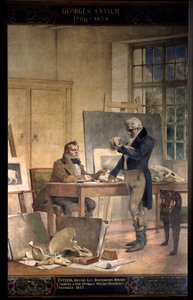 Paleontologie: „“ Baron Georges Cuvier (1769-1832) znovu sjednocuje dokumenty pro svou práci o fosilních kostech““ Freska Theobal Chartran (1849-1907). Pařížská univerzita na Sorbonně