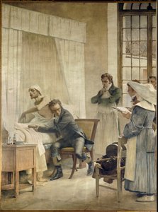 Rene Laennec provádí audit phtic před svými studenty. Rene-Theophile-Hyacinthe Laennec (1781-1826), francouzský lékař, vynálezce „pectoriloque“ neboli stetoskopu. Freska