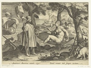 Amerigo Vespucci se vydává do Ameriky Amerika. Americas Americas retexit. Semel vocauit inde sempre excitam (název na objektu) Nové vynálezy a objevy (název série) Nova Reperta (název seriálu)