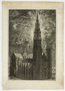 Ohňostroj kolem antverpské katedrály, deska 41 od Casperius Gevartius, Pompa Entroitus Honori Serenissimi princ Ferdinand od Theodoor van Thulden
