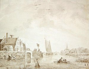Přeprava v ústí řeky u vesnice s městem v dálce (pero a inkoust s mytím na papíře) od Theodor Verrijk