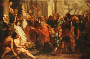 Svatý Ambrož, biskup milánský, odmítá císaře Theodosia vstup do milánské katedrály od Theodor Boeyermans