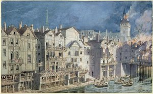 Požár v Pont aux Meuniers v roce 1621 (pero a inkoust a wc na papíře) od Theodor Josef Hubert Hoffbauer