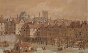 Grand Chatelet a Pont aux Meuniers (pero, inkoust a wc na papíře) od Theodor Josef Hubert Hoffbauer