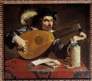 Muž ladící svou loutnu. Obraz Theodora Romboutse (1597 - 1637) Ec. Podvod.