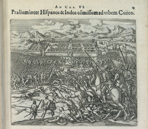 Bitva mezi Španěly a Indiány u bran Cuzca, 1596. od Theodor de Bry