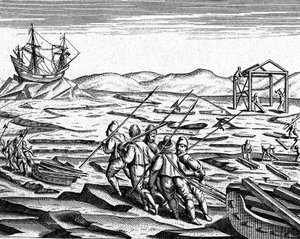 Stavba domu na zimu na severním pólu, cca 1600 (rytina) od Theodor de Bry