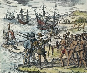 Kolumbovo přistání v Indii. 1594 (xylografie)