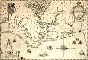 Mapa z roku 1590 vyrytá Theodorem de Bry podle akvarelu od anglického kolonisty Johna Whitea, guvernéra Roanoke. Virginie a pobřeží s malými ostrovy a Roanoke u ústí řeky. Původní země Secotanů a Weapemeoků. od Theodor de Bry