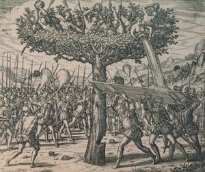 Domorodci schovávající se na stromech bojující proti dobyvatelům od Theodor de Bry