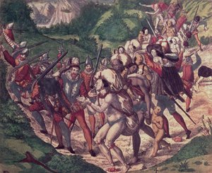 Krutost Petra de Calyce: špatné zacházení španělských vojáků s indiánskými otroky v Peru (rytina)