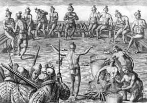 Indiáni Timucua s francouzskými průzkumníky od Theodor de Bry
