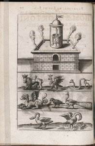 Alchymická pec a symbolická zvířata alchymie - rytina Theodora de Bry (1528-1598), pro pojednání o alchymii ""Tripus avreus, hoc est, Tres tractatus chymici selectissimi"" od Michaela Maiera (1569 -1622)