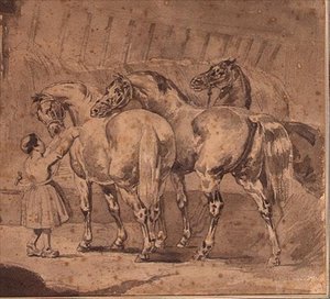 Holčička krmící koně ve stáji (tužka a šedá barva) od Theodore (attr. to) Gericault
