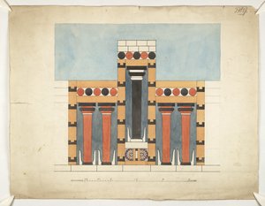 Obraz přetvářející centrální trojstrannou svatyni v centrálním nádvoří paláce Minos v Knossosu (Evans Architectural Plans WW/15) od Theodore Fyfe