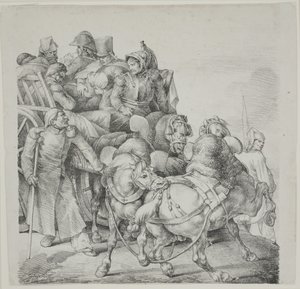 Koňský vozík plný raněných vojáků, litografie C. Motte od Theodore Gericault