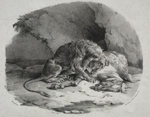 Kůň pohlcený lvem od Theodore Gericault