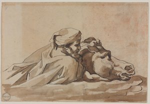 Muž svírající koně ve vodě, podle Poussinovy "Potopy" (recto), asi 1816 (pero a hnědá tuš, štětec a hnědá lazura nad grafitem) od Theodore Gericault